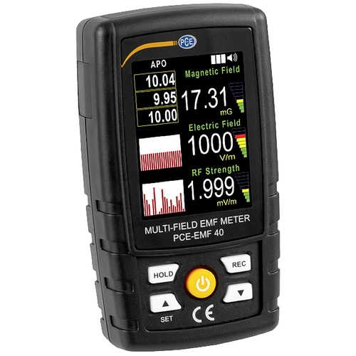Multifeld-EMF-Meter zeigt Messwerte für Magnetfeld, elektrisches Feld und HF-Stärke an. Display mit Balkendiagrammen und Zahlen.